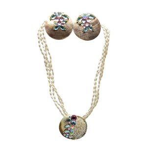 Vintage MOP Abalone Pearl Necklace Clip-On Earrings Set With Rhinestone Accents